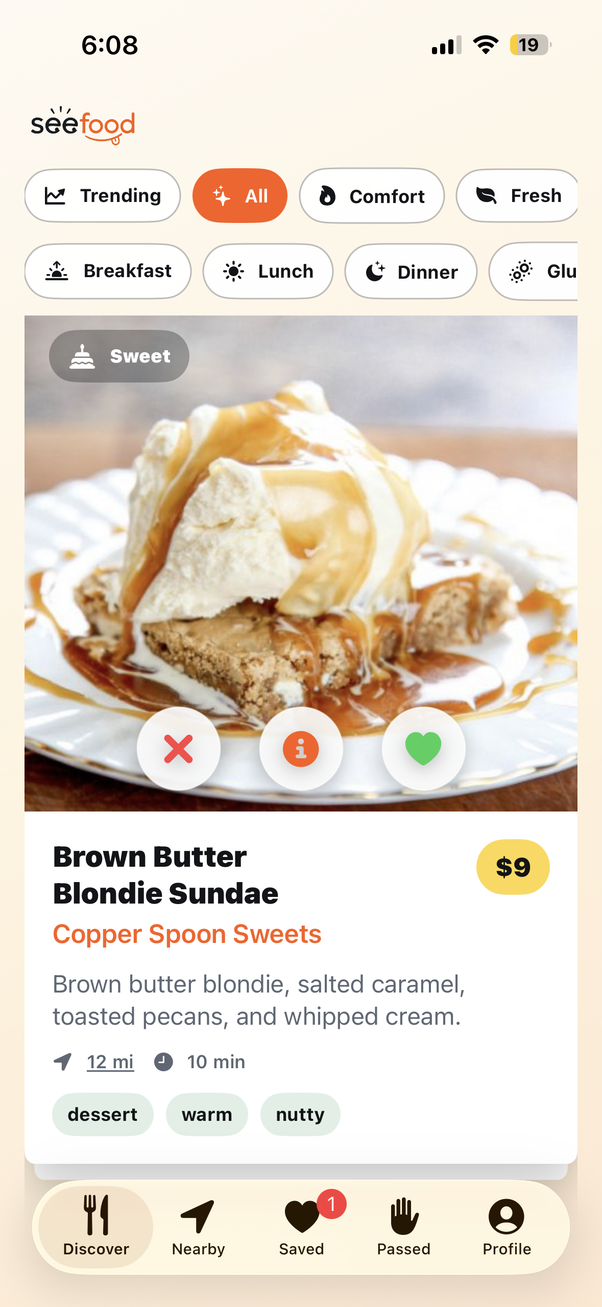 SeeFood app showing a Brown Butter Blondie Sundae dish card